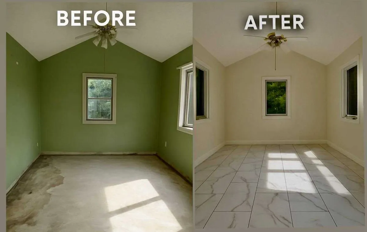 Before and after: dated green room with bare concrete floor transformed with new paint, marble-look tile and baseboards
